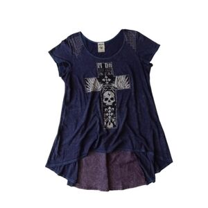 Vocal Blue Stone Washed Rhinestone Skull and Cross High Low Boat Neck T-Shirt XL